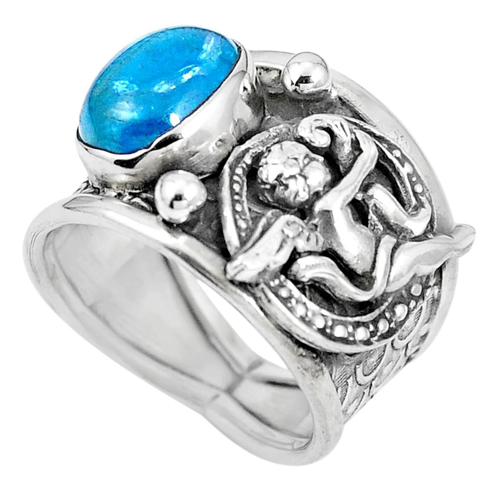 Blue apatite (madagascar) 925 silver cupid love angel wings ring size 7 m74618