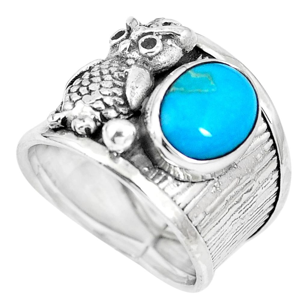 Blue sleeping beauty turquoise 925 silver owl ring size 6.5 m74625