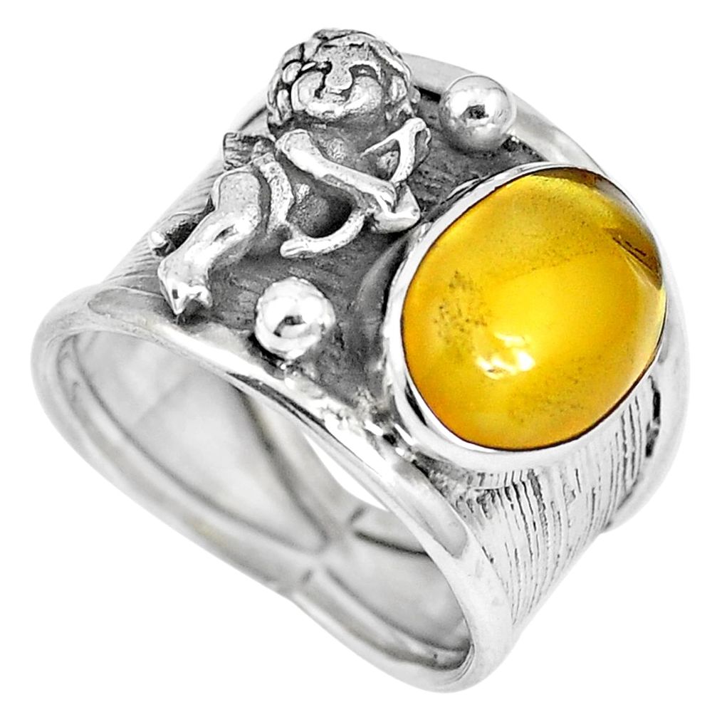 Yellow amber 925 silver cupid love angel wings ring size 7 m74662