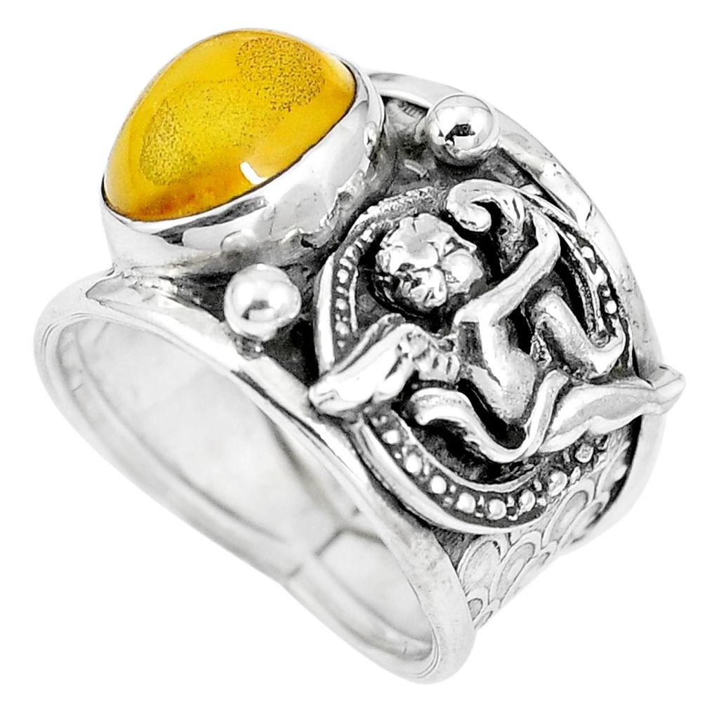 Yellow amber 925 silver cupid love angel wings ring size 7 m74667