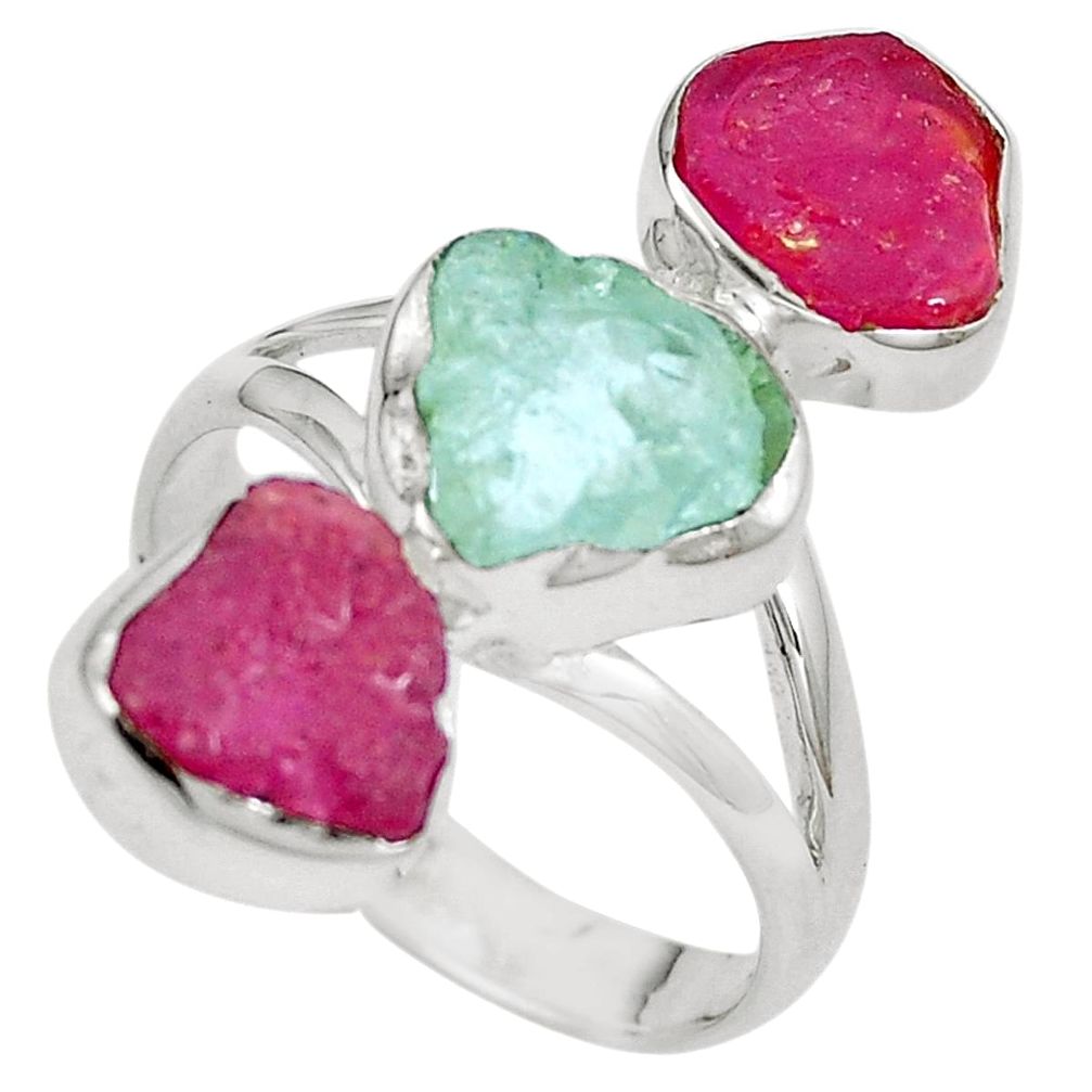 Natural aqua aquamarine rough ruby rough 925 silver ring size 9 m75194