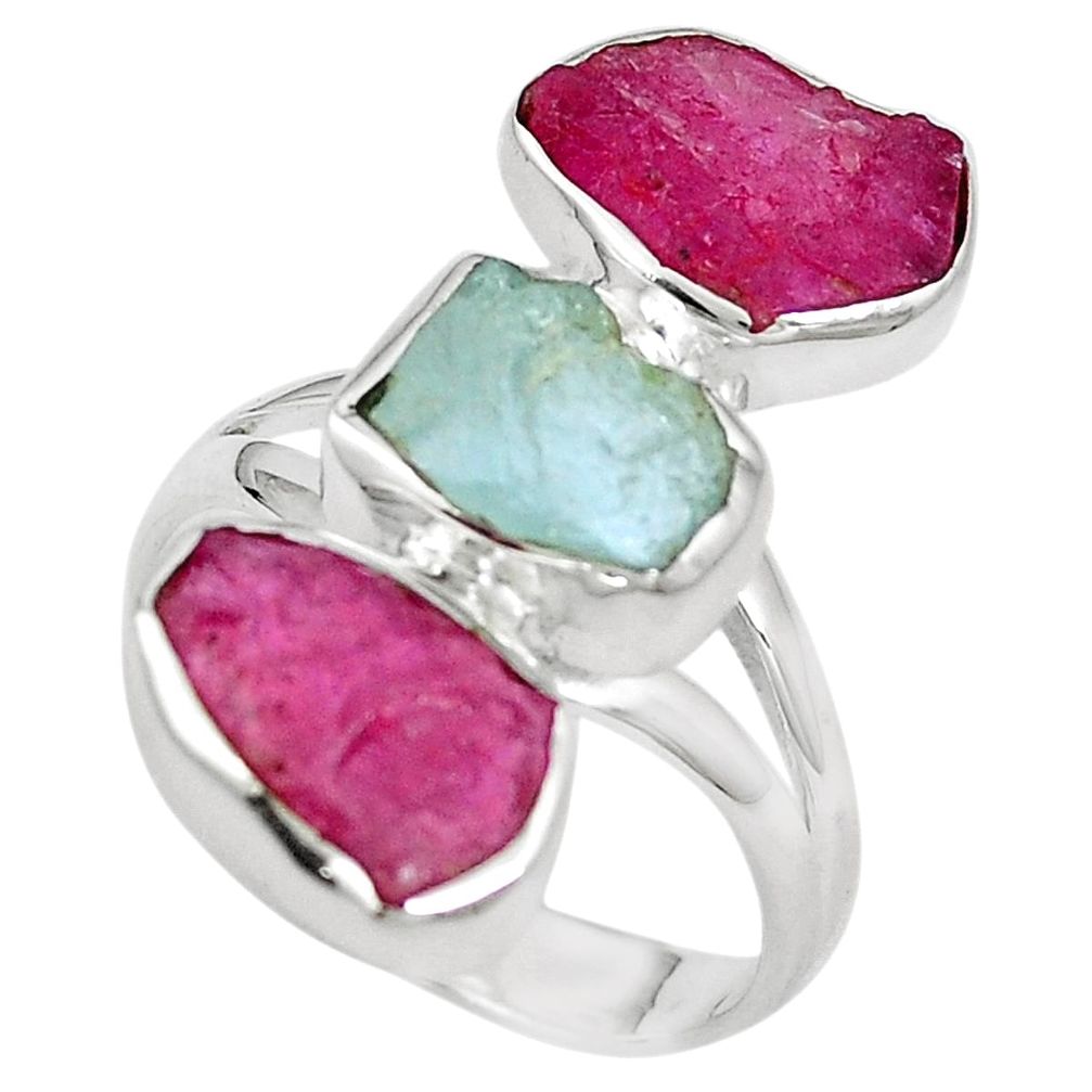 Natural aqua aquamarine rough ruby rough 925 silver ring size 8 m75197