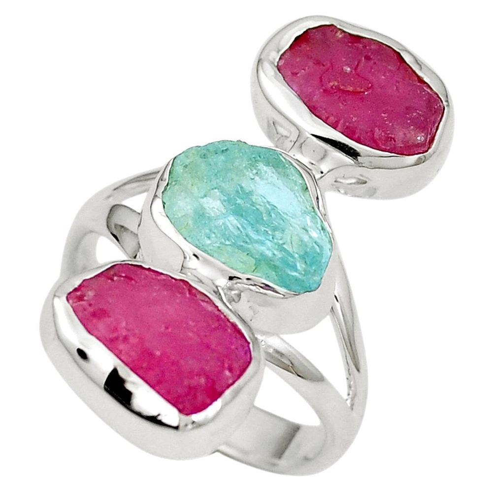 Natural aqua aquamarine rough ruby rough 925 silver ring size 7 m75200