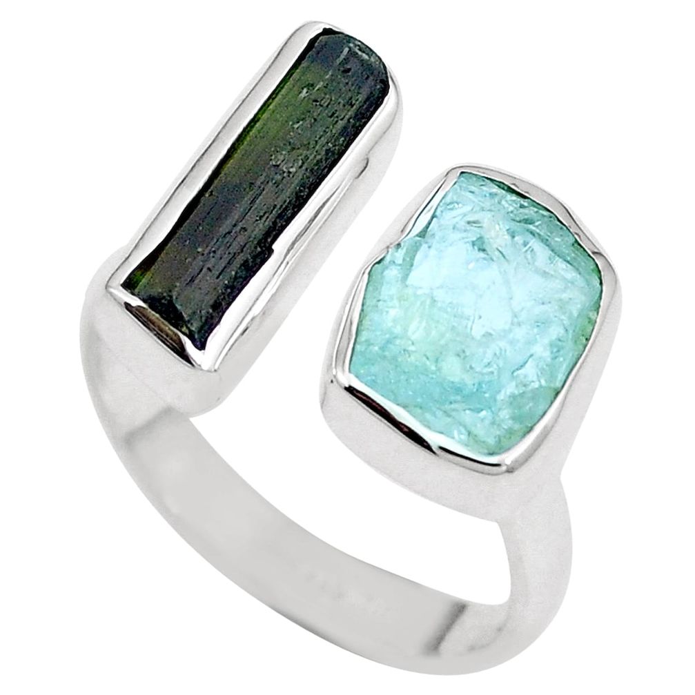 Natural aqua aquamarine rough 925 silver adjustable ring size 8.5 m75206