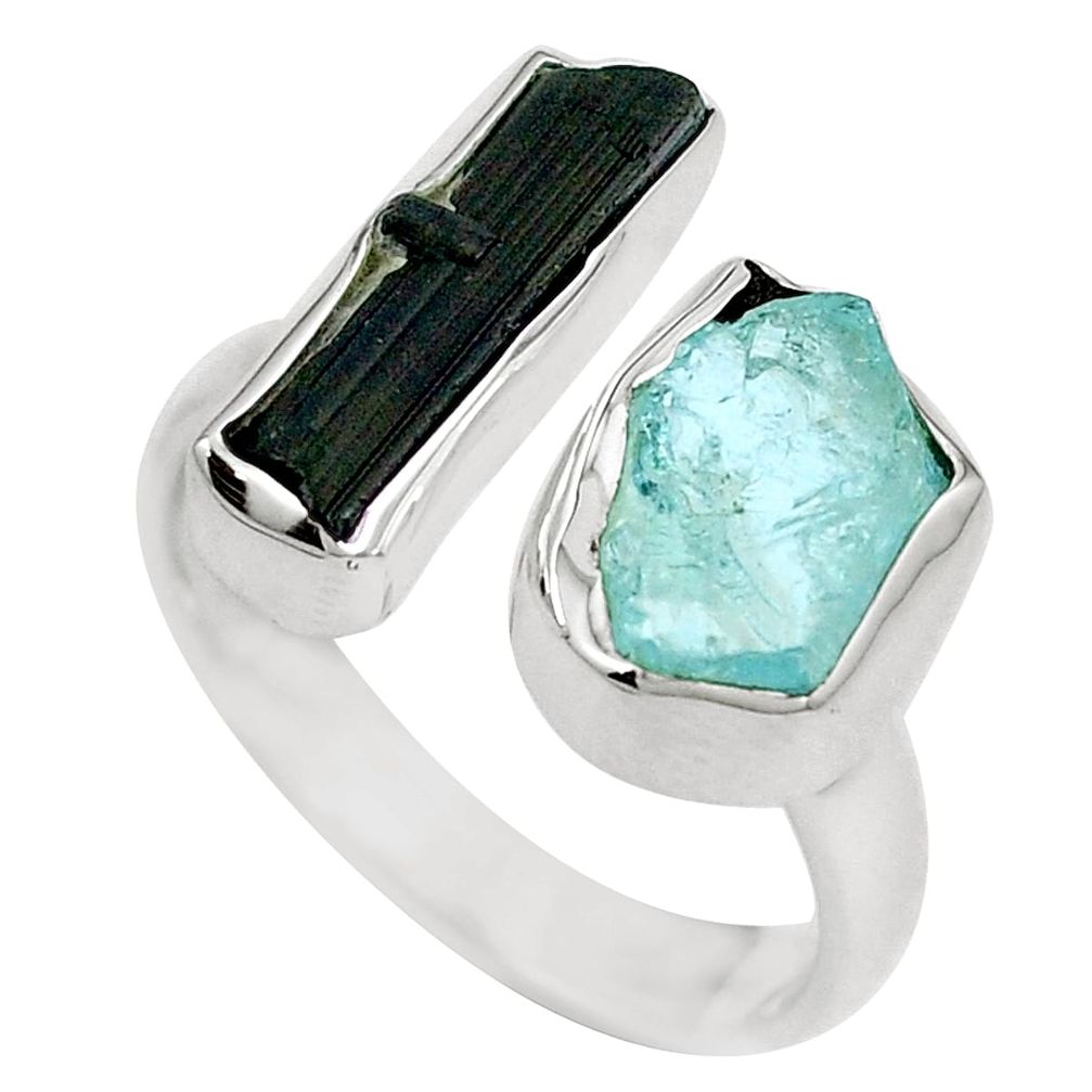 Natural aqua aquamarine rough 925 silver adjustable ring size 8 m75209