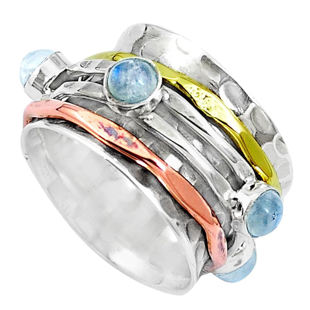 Natural rainbow moonstone 925 silver two tone spinner band ring size 6.5 m75682