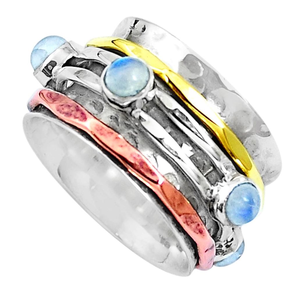 Natural rainbow moonstone 925 silver two tone spinner band ring size 7.5 m75683