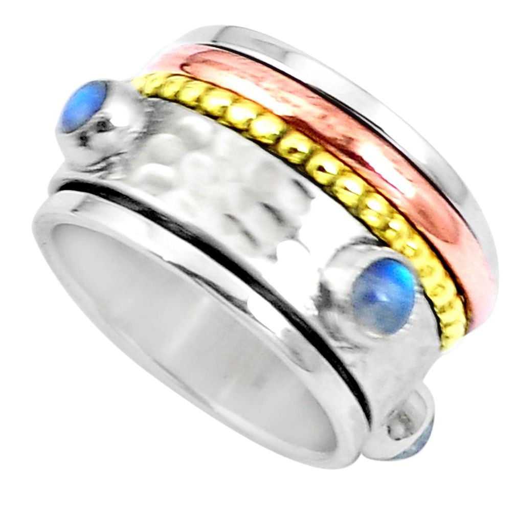 Natural rainbow moonstone 925 silver two tone spinner band ring size 6.5 m75685