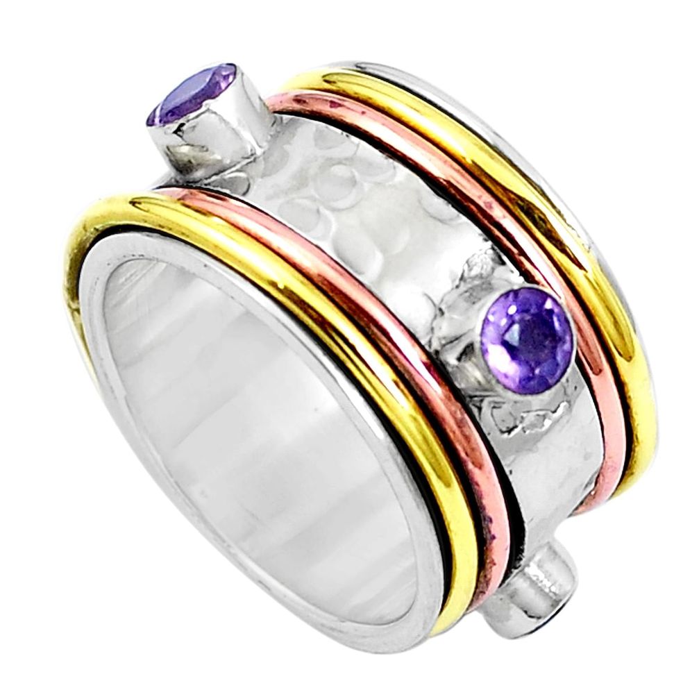 Natural purple amethyst 925 silver two tone spinner band ring size 7.5 m75697