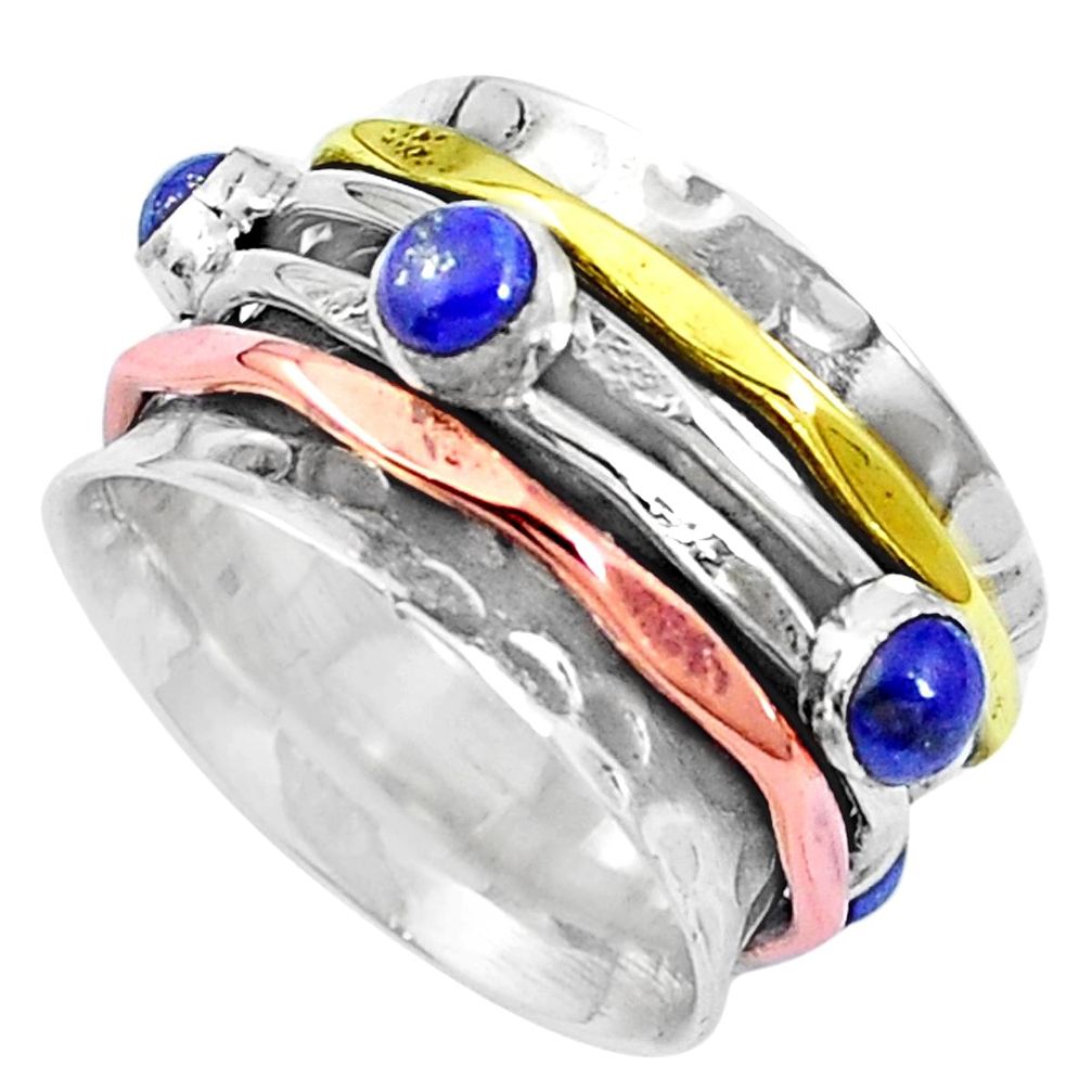 Natural blue lapis lazuli 925 silver two tone spinner band ring size 6.5 m75699