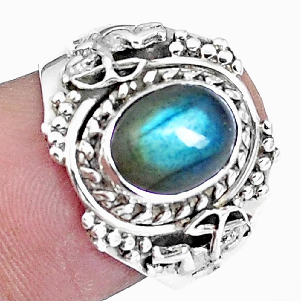 Natural blue labradorite 925 silver cupid love angel wings ring size 7.5 m75966