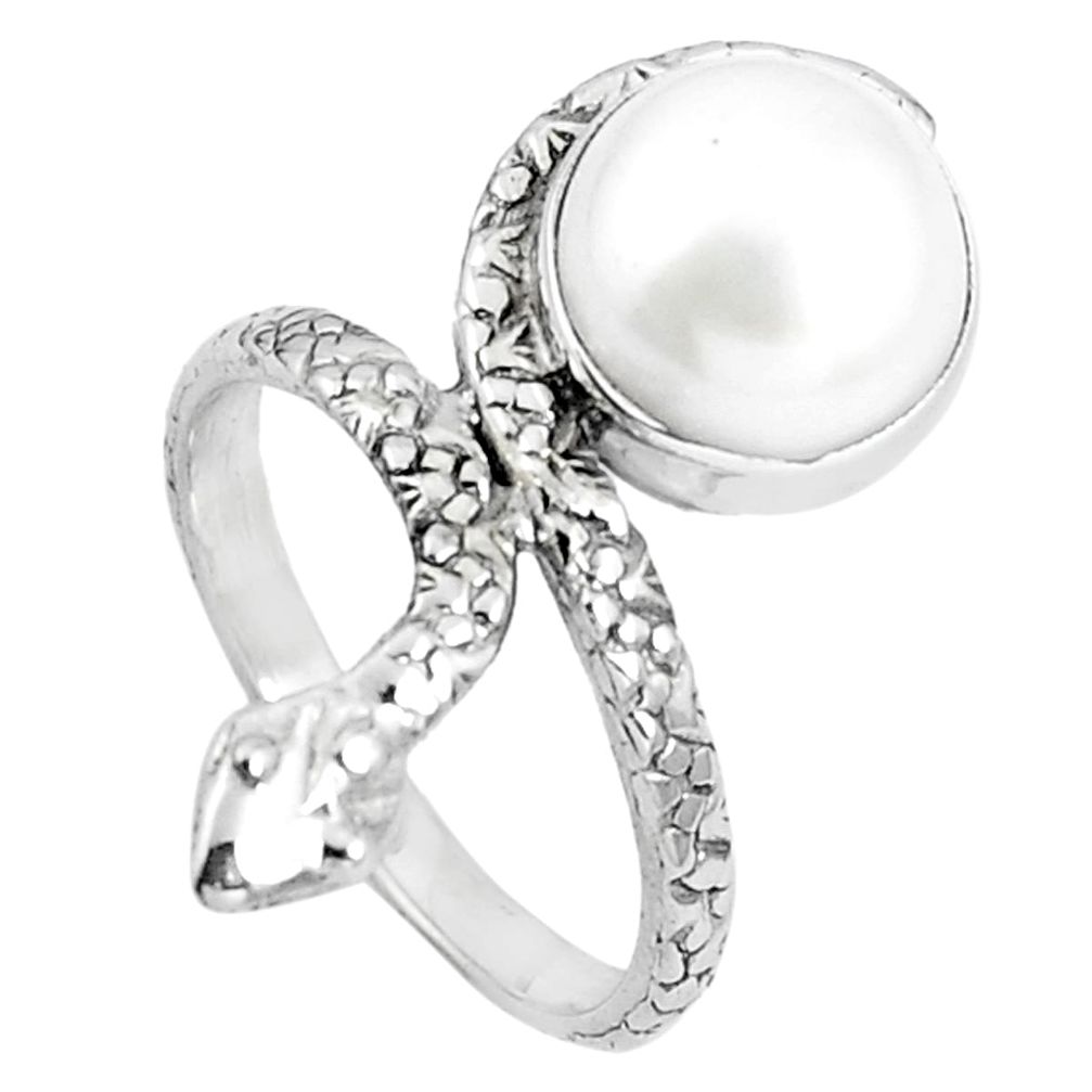 925 sterling silver natural white pearl round snake ring size 7.5 m76038