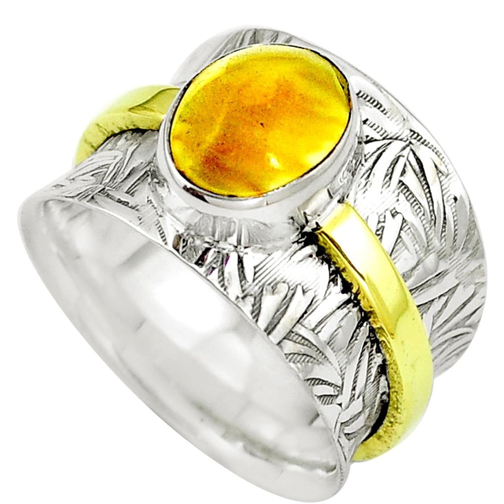 Natural yellow amber bone 925 silver two tone ring size 8.5 m77166