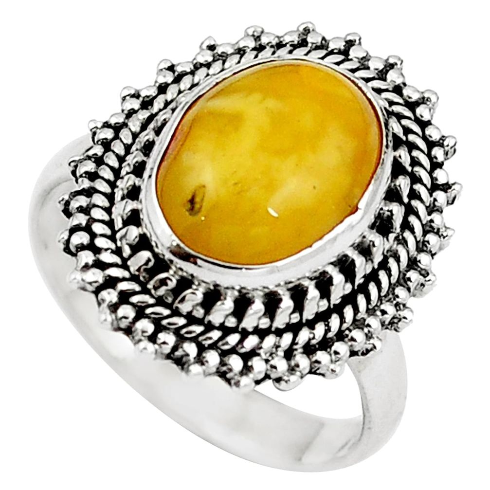 Natural yellow amber bone 925 sterling silver ring size 7.5 m77415