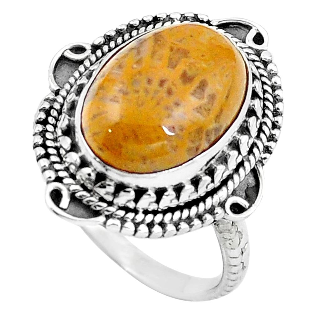 Natural fossil coral (agatized) petoskey stone 925 silver ring size 7 m77552