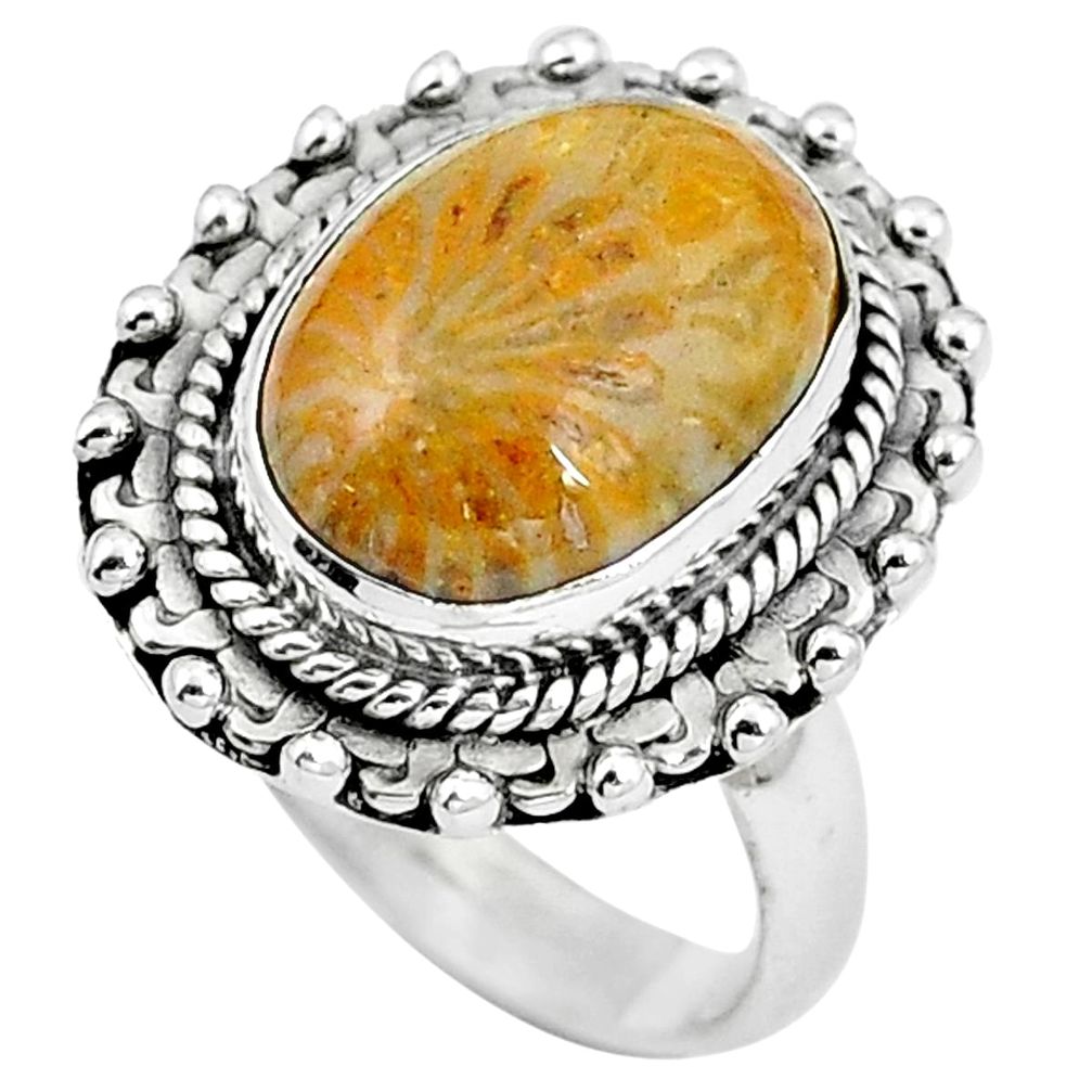 Natural fossil coral (agatized) petoskey stone 925 silver ring size 6 m77556
