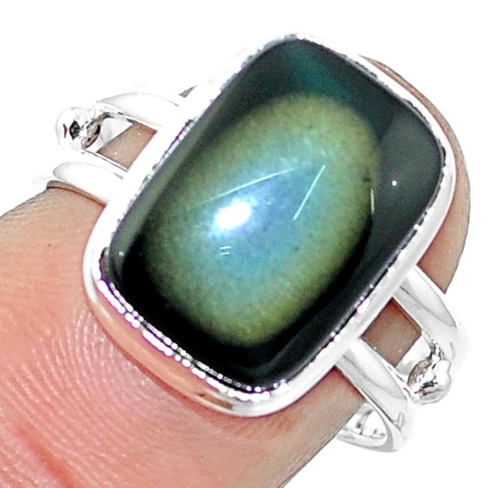 Natural rainbow obsidian eye 925 sterling silver ring size 7 m77649