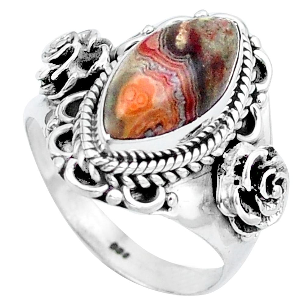 Natural multi color mexican laguna lace agate 925 silver ring size 7.5 m77776