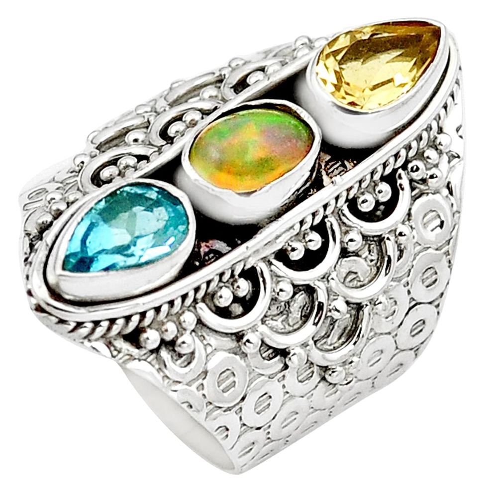 Natural multi color ethiopian opal topaz 925 silver ring size 7.5 m77846