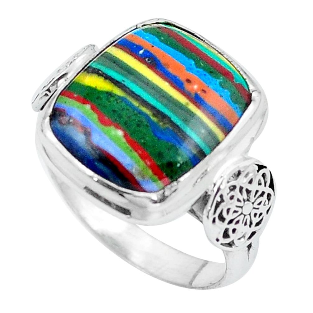 925 silver natural multi color rainbow calsilica ring size 7.5 m77864