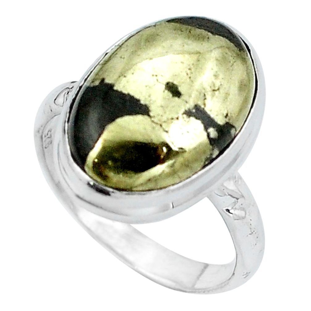 Natural golden pyrite in magnetite (healer's gold) 925 silver ring size 7 m77873