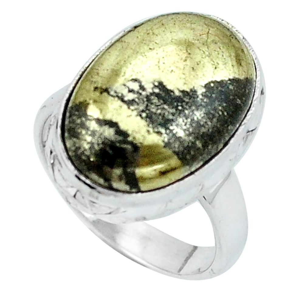 Natural golden pyrite in magnetite (healer's gold) 925 silver ring size 6 m77875