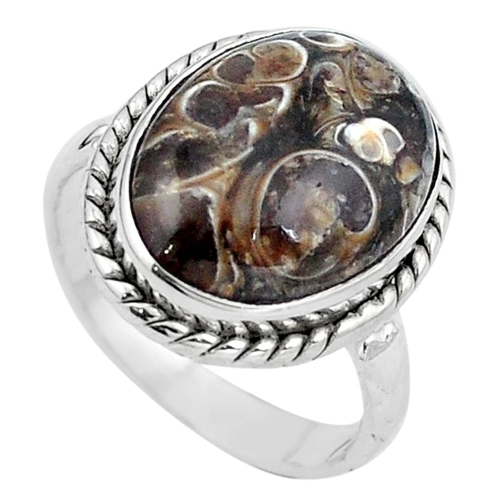 Natural brown turritella fossil snail agate 925 silver ring size 6.5 m77908