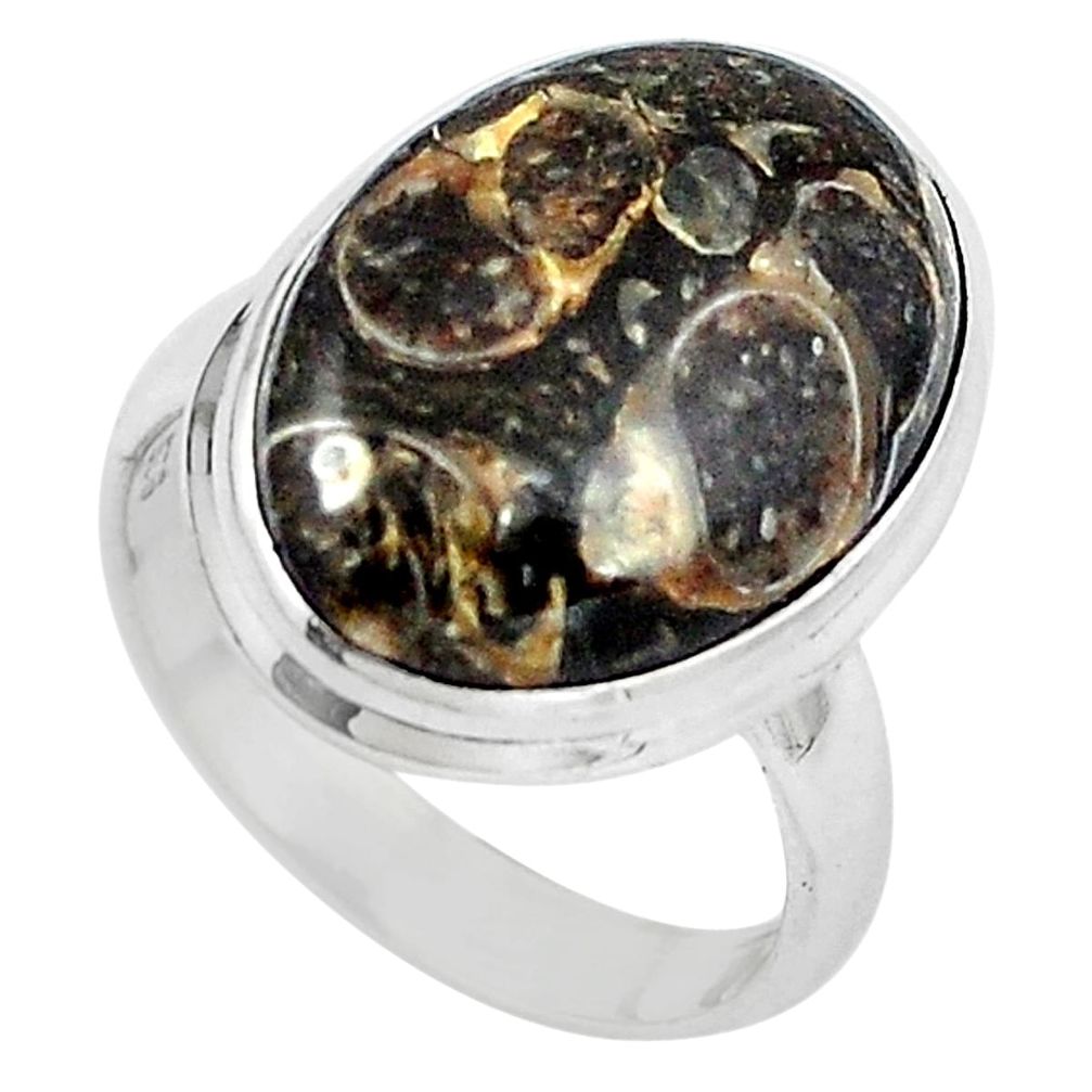 Natural brown turritella fossil snail agate 925 silver ring size 6 m77911