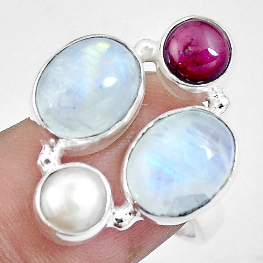 Natural rainbow moonstone garnet 925 sterling silver ring size 7 m79022