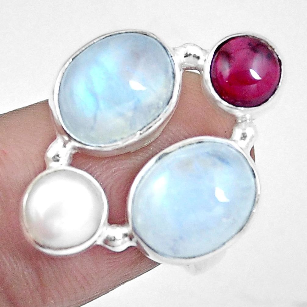 Natural rainbow moonstone garnet 925 sterling silver ring size 6 m79037