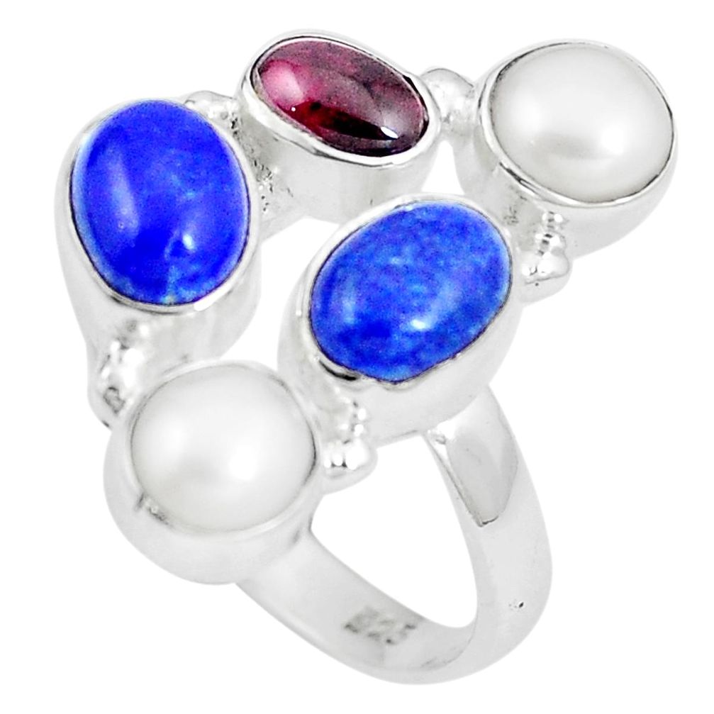 Natural blue lapis lazuli garnet 925 silver ring jewelry size 8.5 m79048