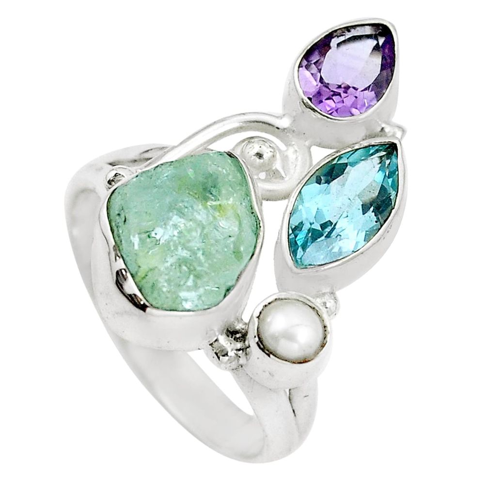 Natural aqua aquamarine rough amethyst 925 silver ring size 8 m80301