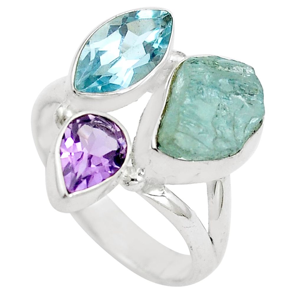 Natural aqua aquamarine rough amethyst 925 silver ring size 7 m80317