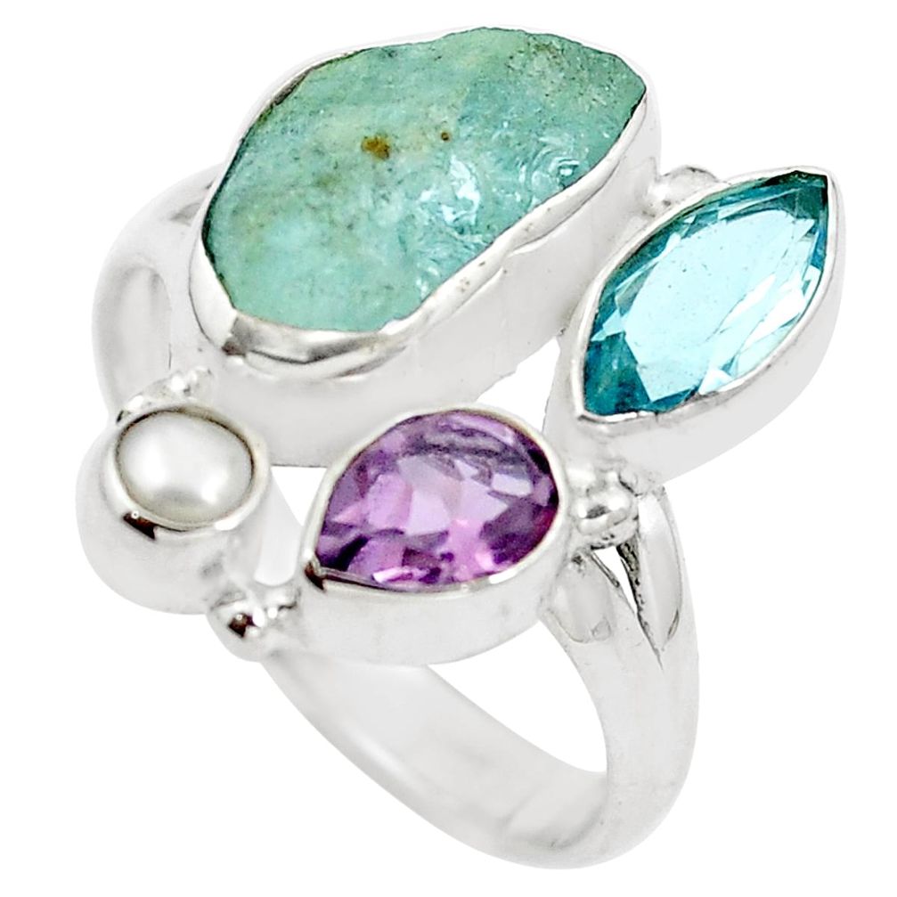 Natural aqua aquamarine rough amethyst 925 silver ring size 9.5 m80321