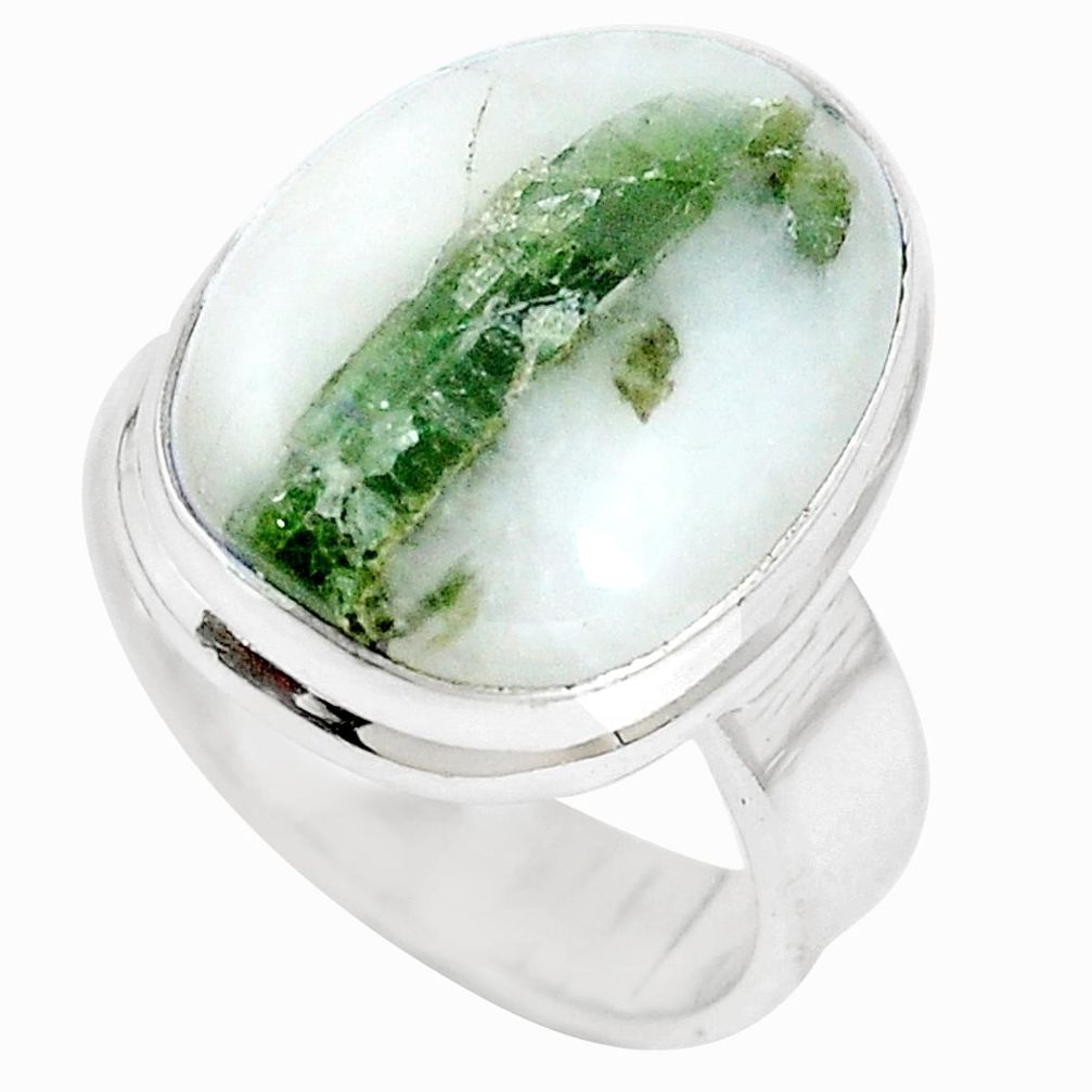 Natural green tourmaline in quartz 925 silver ring size 6.5 m80566