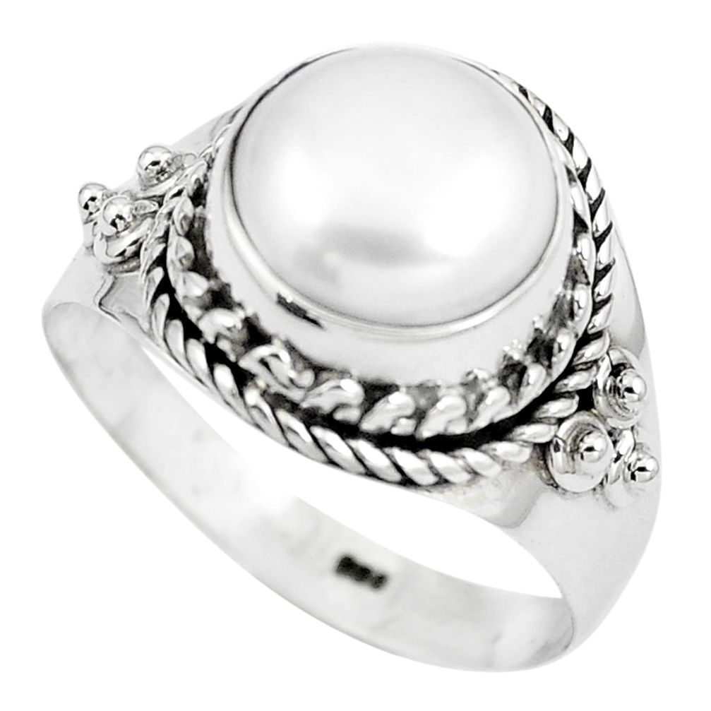 Natural white pearl round 925 sterling silver ring jewelry size 8 m80594