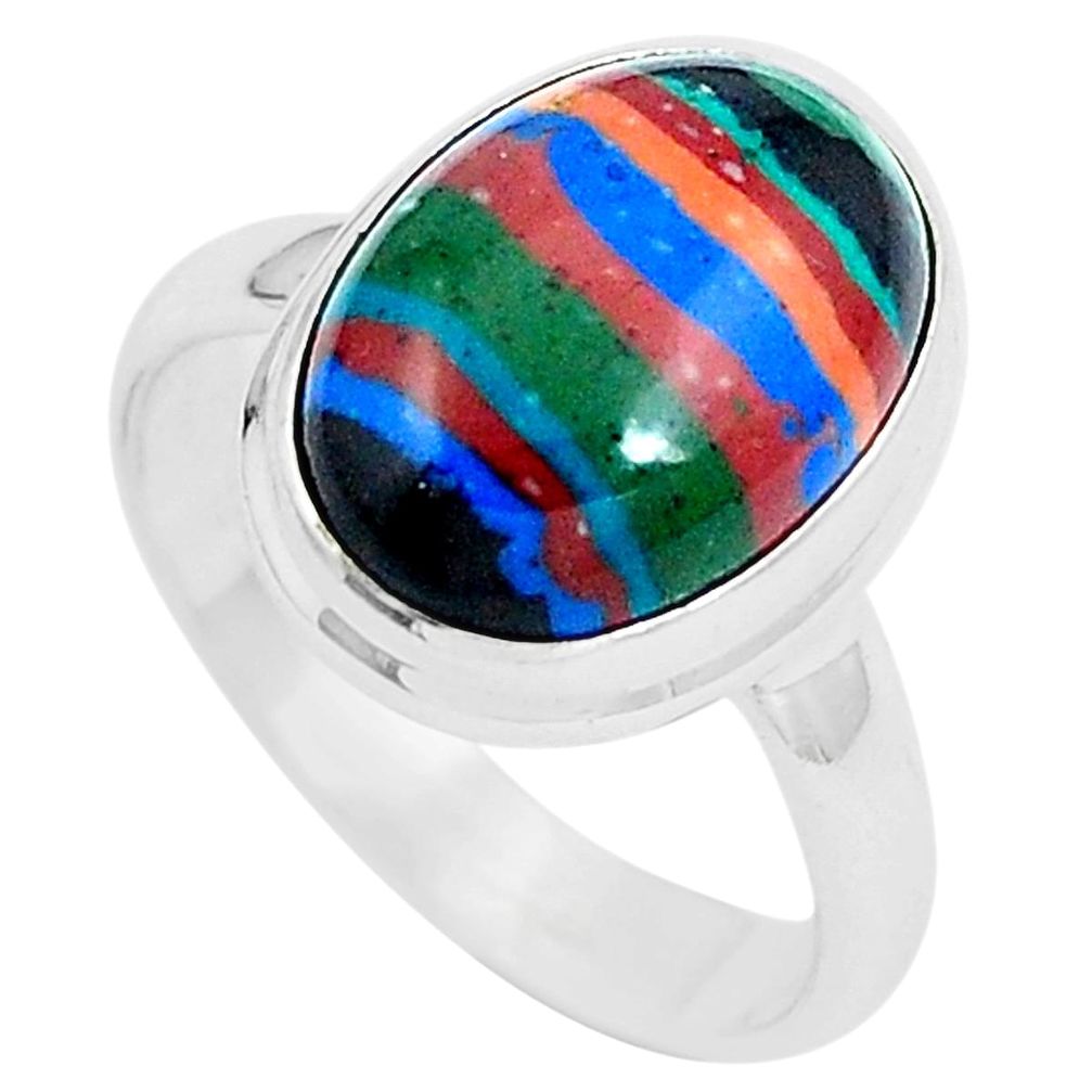 Natural multi color rainbow calsilica 925 silver ring jewelry size 6.5 m80869