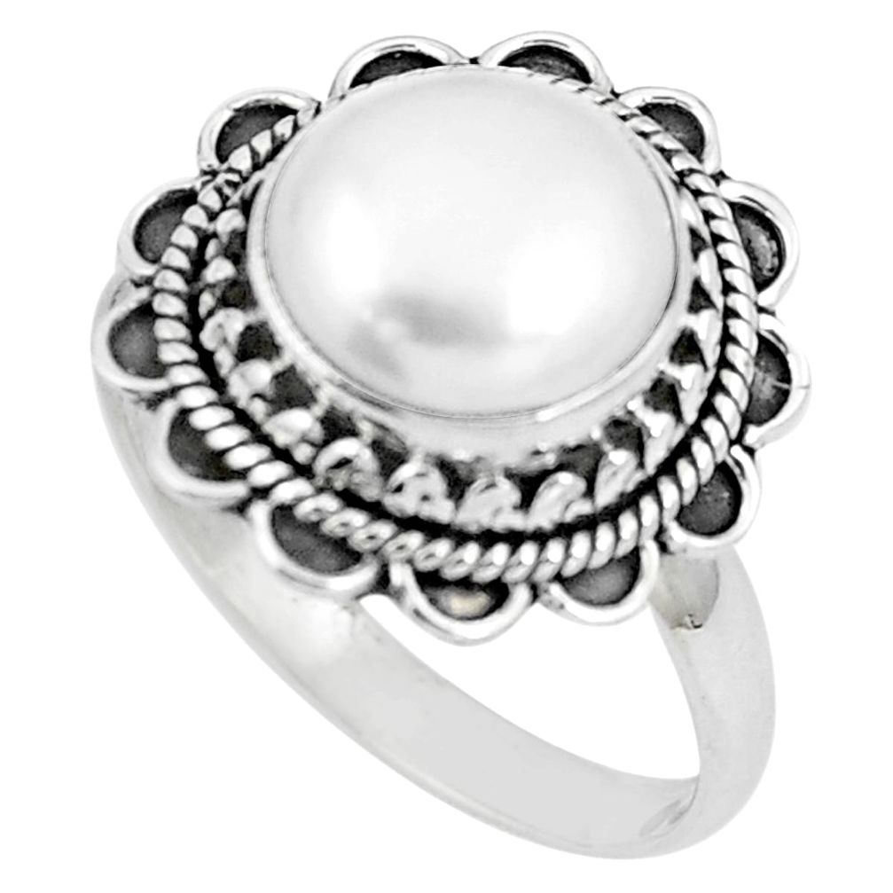 925 sterling silver natural white pearl round ring jewelry size 8.5 m81033