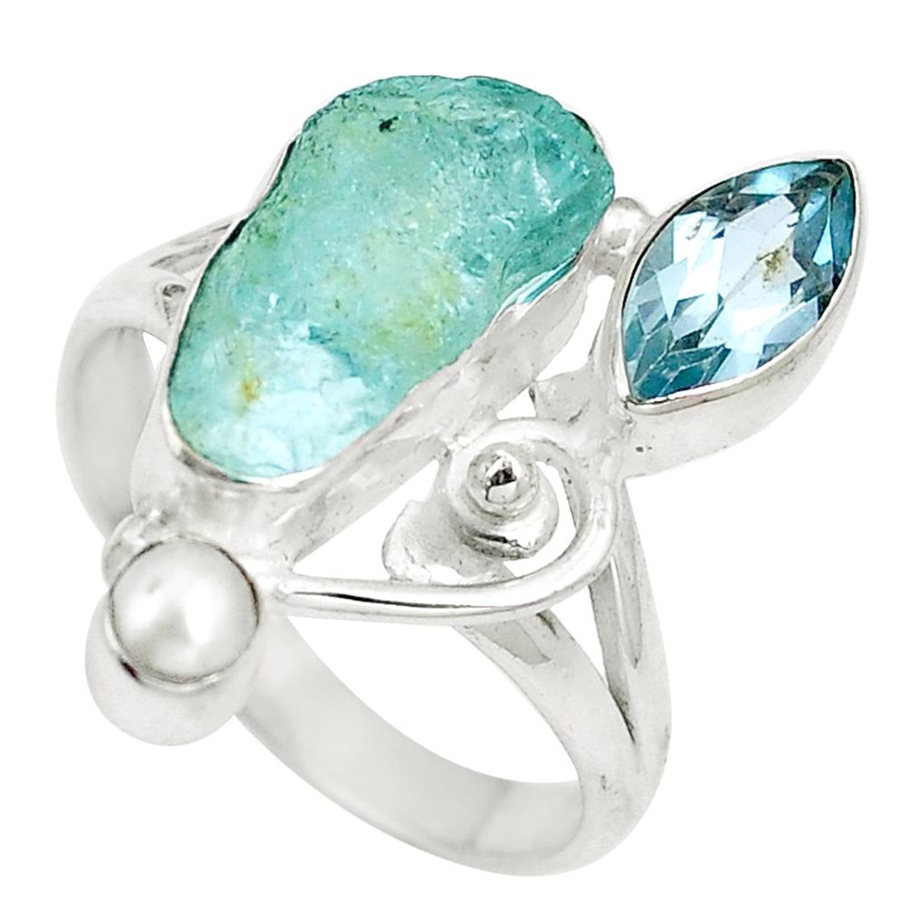 Natural aqua aquamarine rough topaz pearl 925 silver ring size 9 m81759