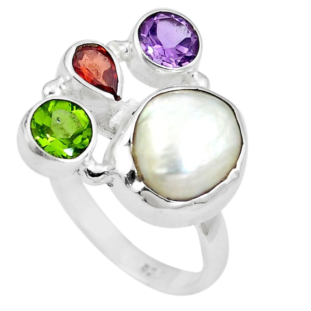 Natural white pearl amethyst peridot 925 sterling silver ring size 8.5 m82946