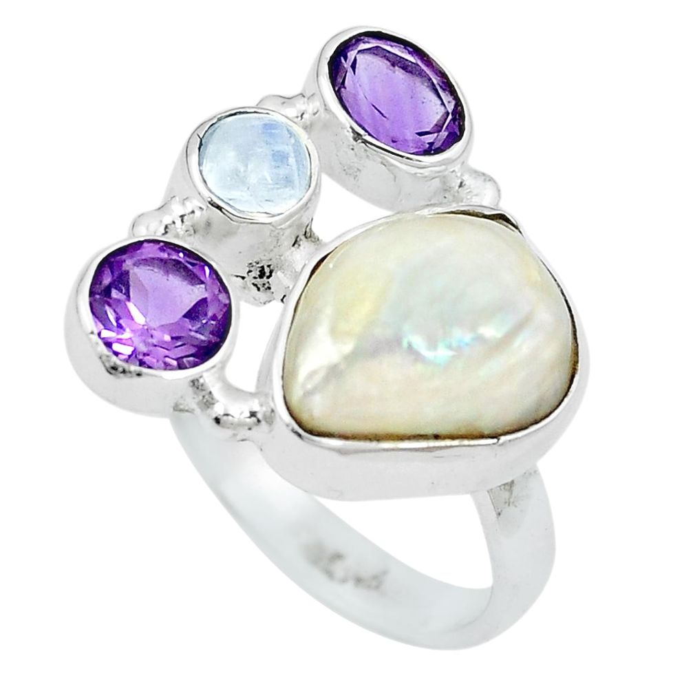 Natural white pearl moonstone 925 sterling silver ring size 7 m82954