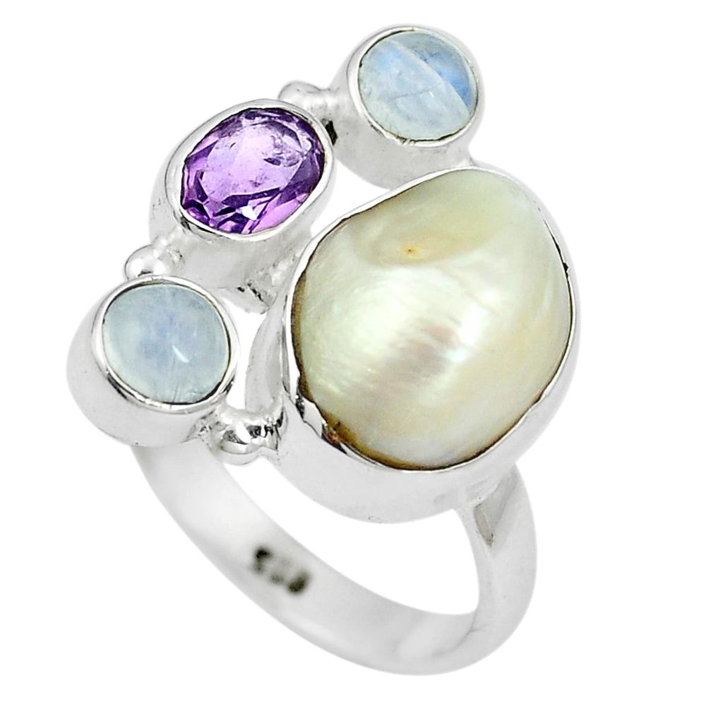 925 sterling silver natural white pearl moonstone amethyst ring size 8 m82959
