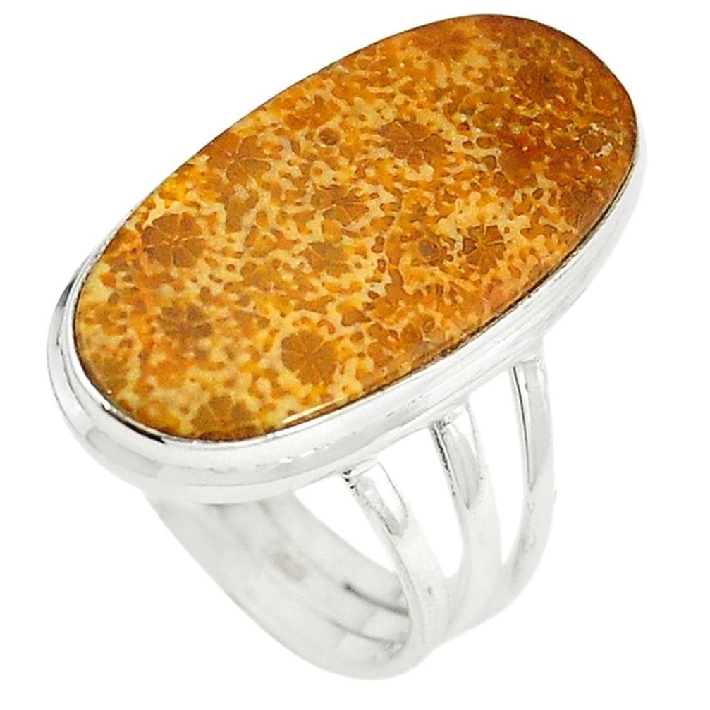 925 silver natural fossil coral (agatized) petoskey stone ring size 8 m8364