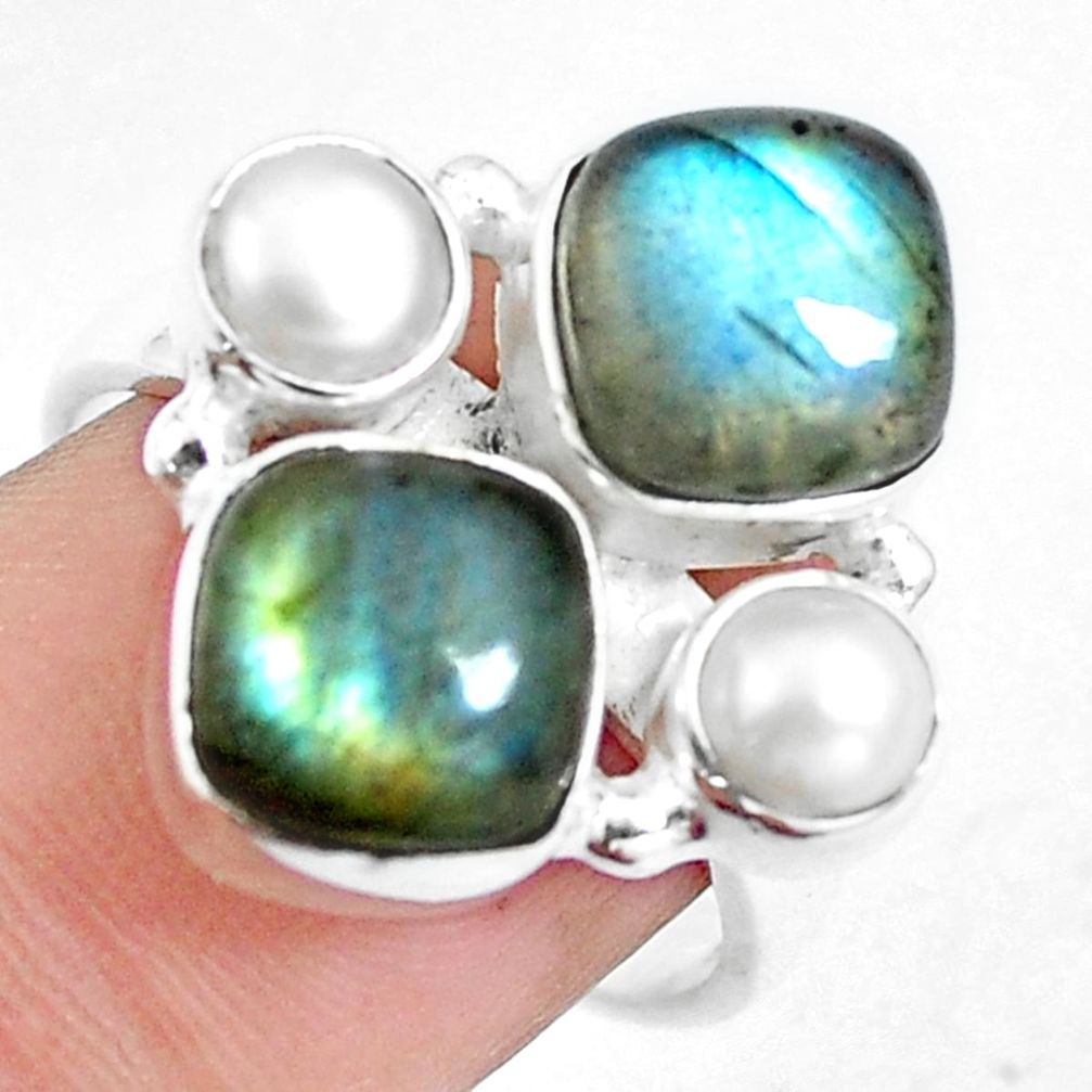 Natural blue labradorite pearl 925 sterling silver ring size 7.5 m84001