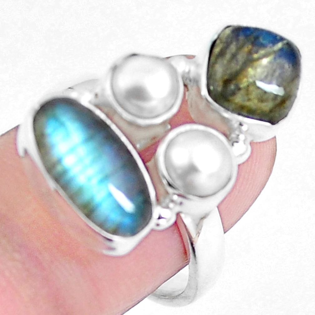 Natural blue labradorite pearl 925 sterling silver ring size 7 m84002