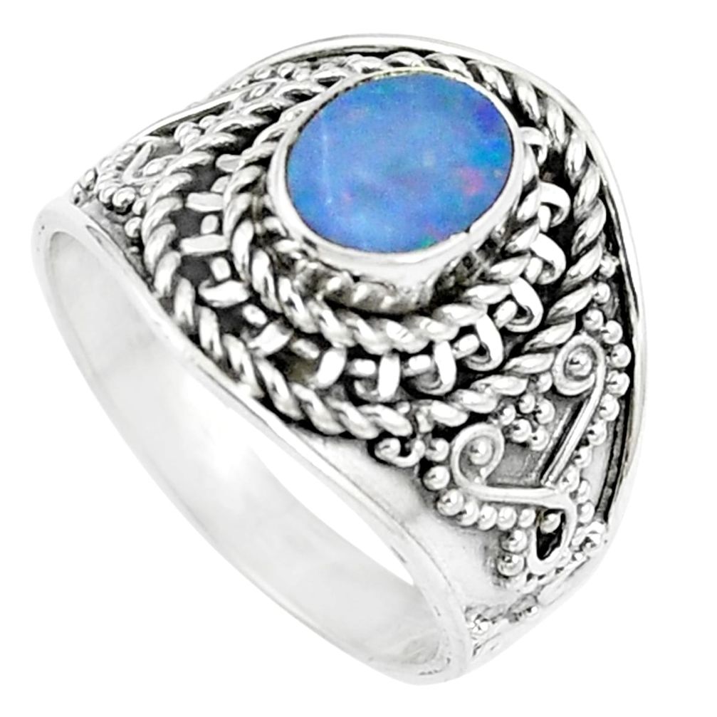 Natural blue doublet opal australian 925 sterling silver ring size 8 m84145