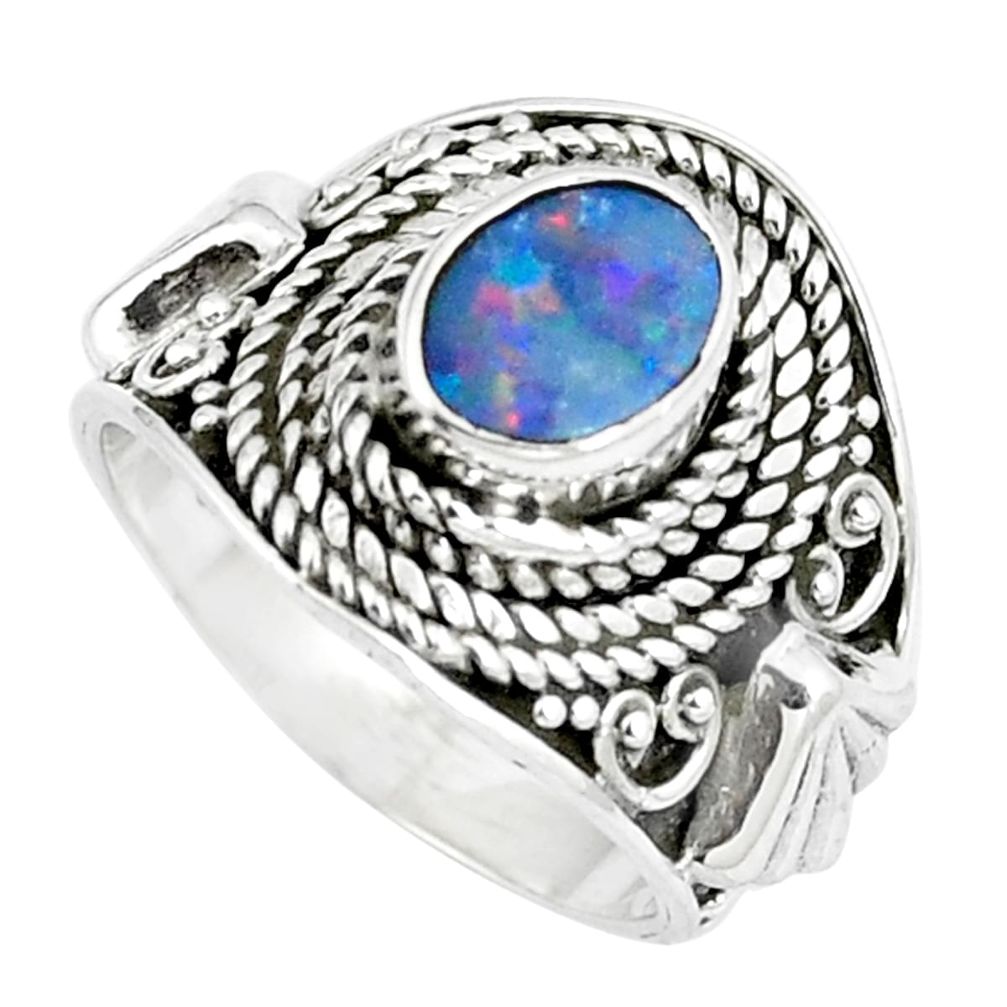 Natural blue doublet opal australian 925 sterling silver ring size 6 m84146