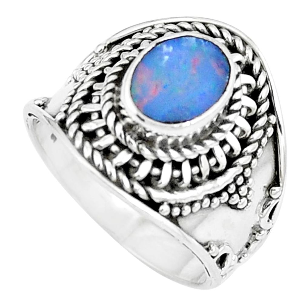 925 sterling silver natural blue doublet opal australian oval ring size 6 m84148