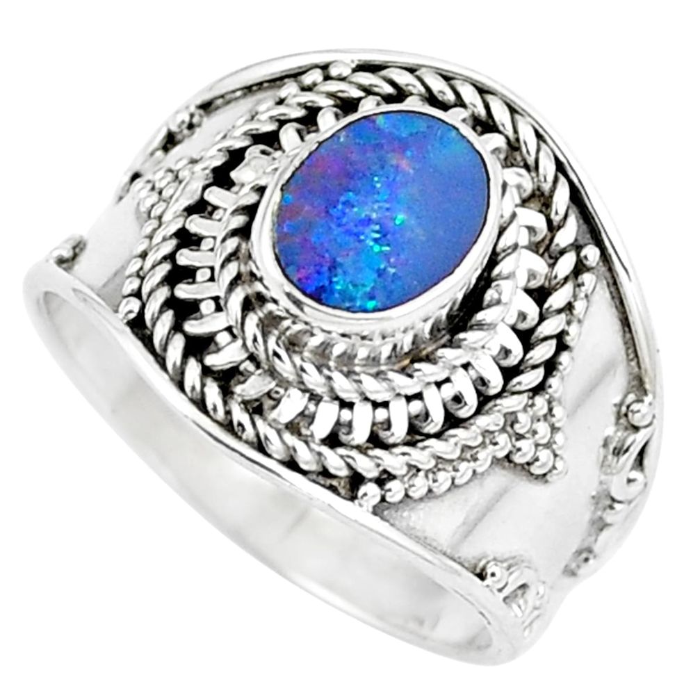 Natural blue doublet opal australian 925 silver ring jewelry size 8 m84149