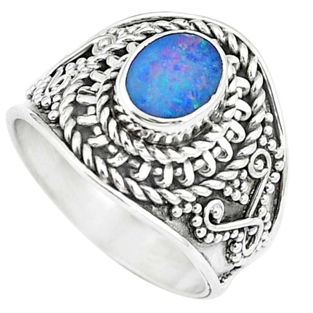 Natural blue doublet opal australian 925 silver ring jewelry size 7 m84150